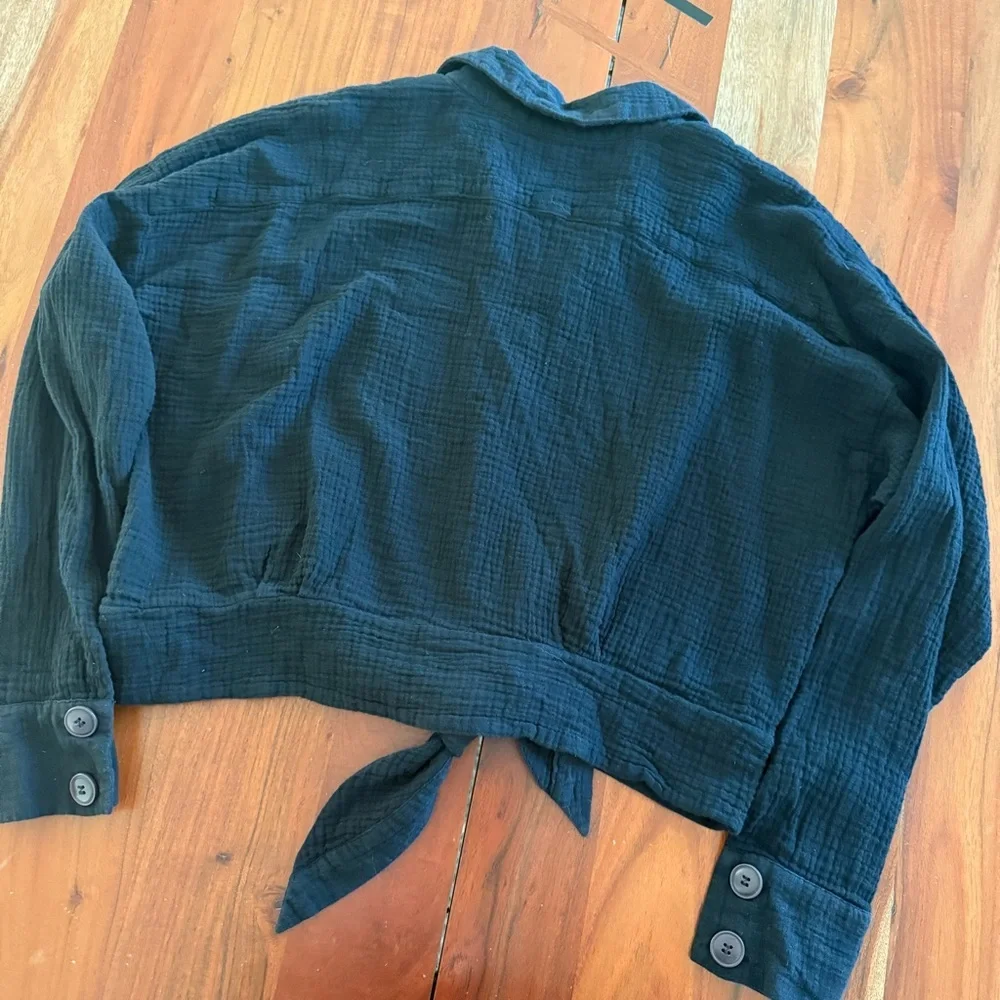 Free People Women's Sun streaks Tie Front long sleeve Black blouse